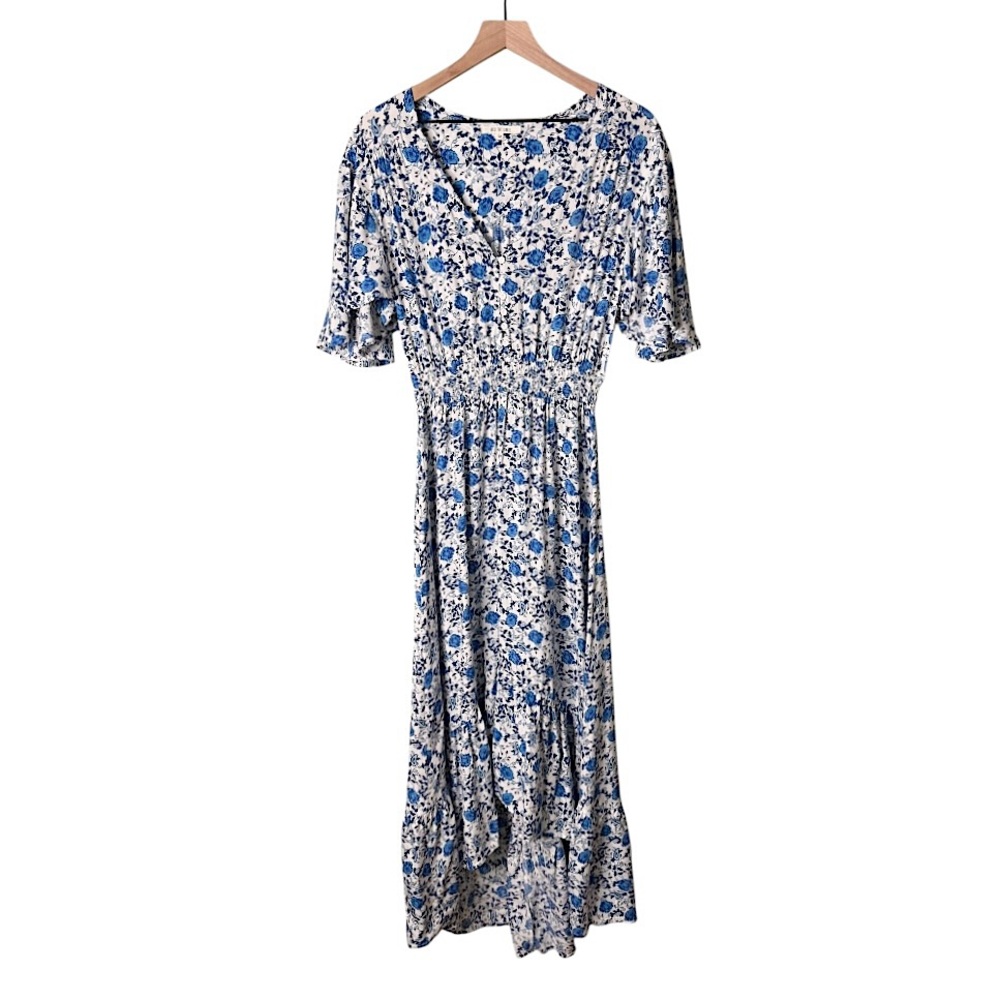 Abel The Label Hi-Lo Ruffle Hem Short Sleeve Floral Maxi Dress Blue White Medium
